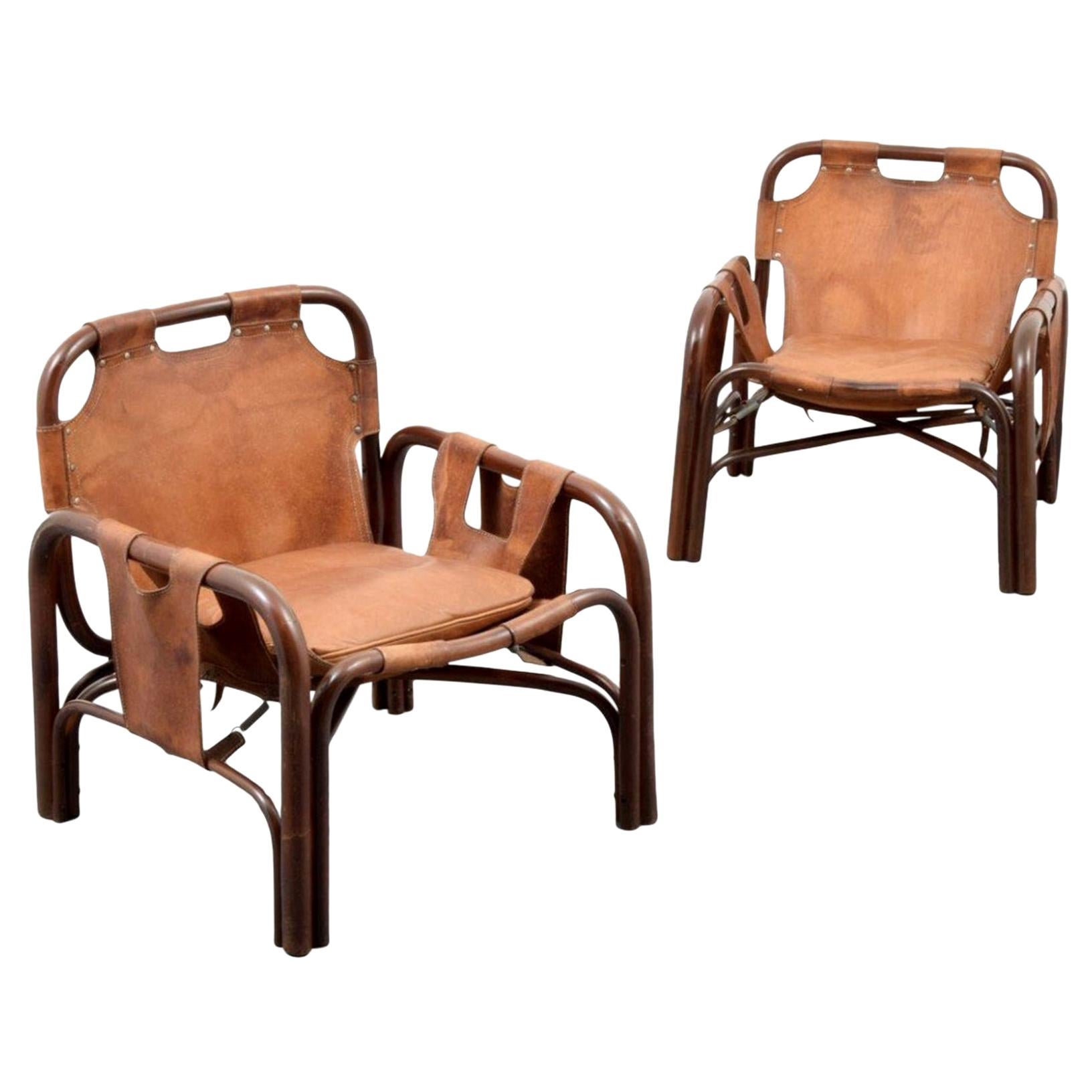 Pair of 20th Century Vittorio Bonacita Styled Brown Leather Sling Chairs