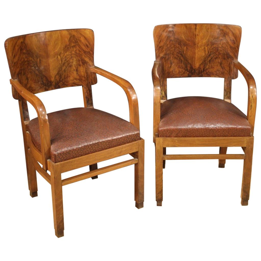 Pair of 20th Century Walnut and Burl Wood Italian Armchairs, 1960