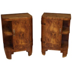 Pair of 20th Century Walnut and Burl Wood Italian Art Deco Nightstands, 1930