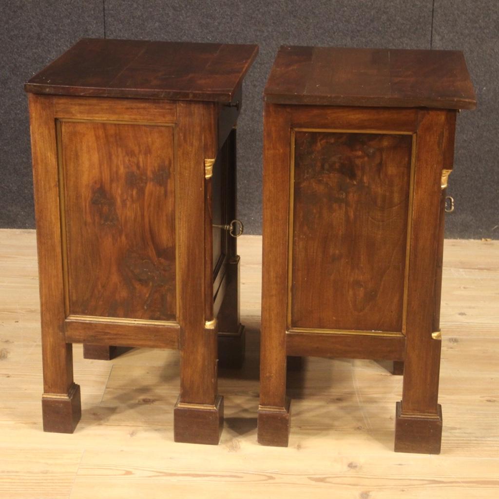 Pair of 20th Century Walnut Beech Fruitwood Italian Empire Style Bedside Tables In Good Condition In Vicoforte, Piedmont
