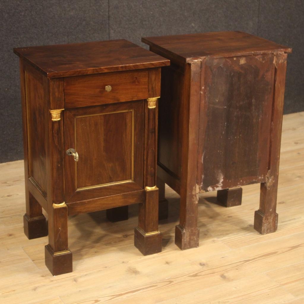 Brass Pair of 20th Century Walnut Beech Fruitwood Italian Empire Style Bedside Tables
