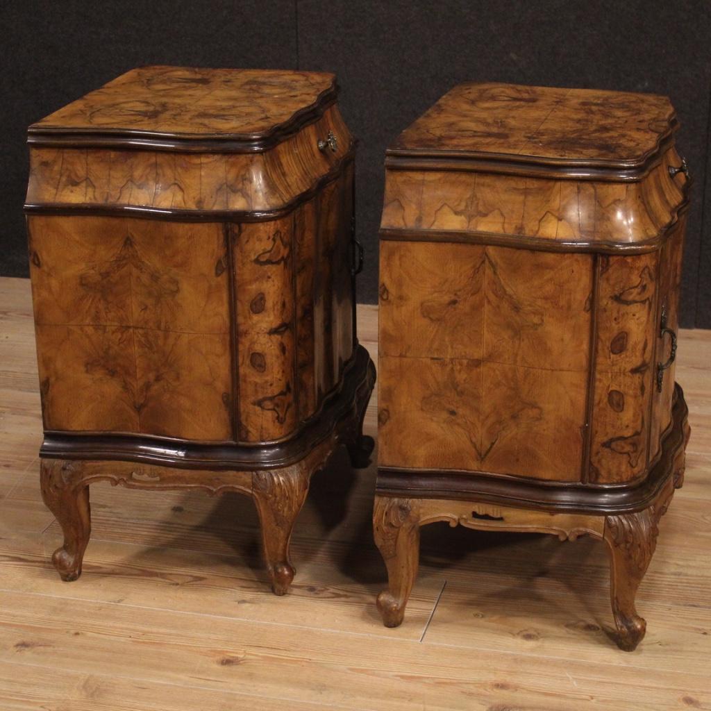 Pair of Italian bedside tables from the mid-20th century. Furniture in walnut, burl and beechwood of beautiful line and pleasant decor. Bedside tables equipped with a door and a front drawer of good capacity. Top in wood of good service. Ideal