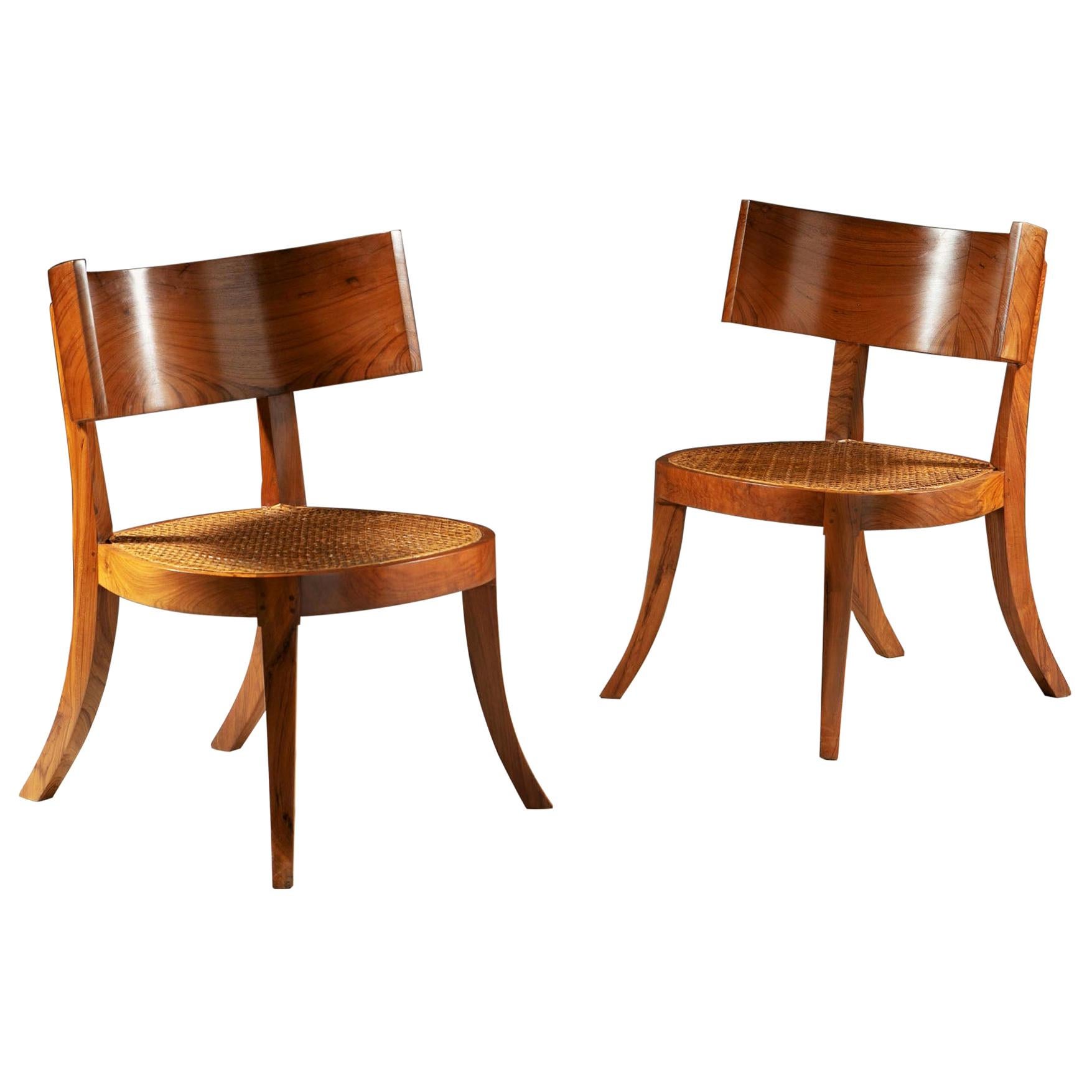 Pair of 20th Century Walnut Klismos Chairs with Caned Seats