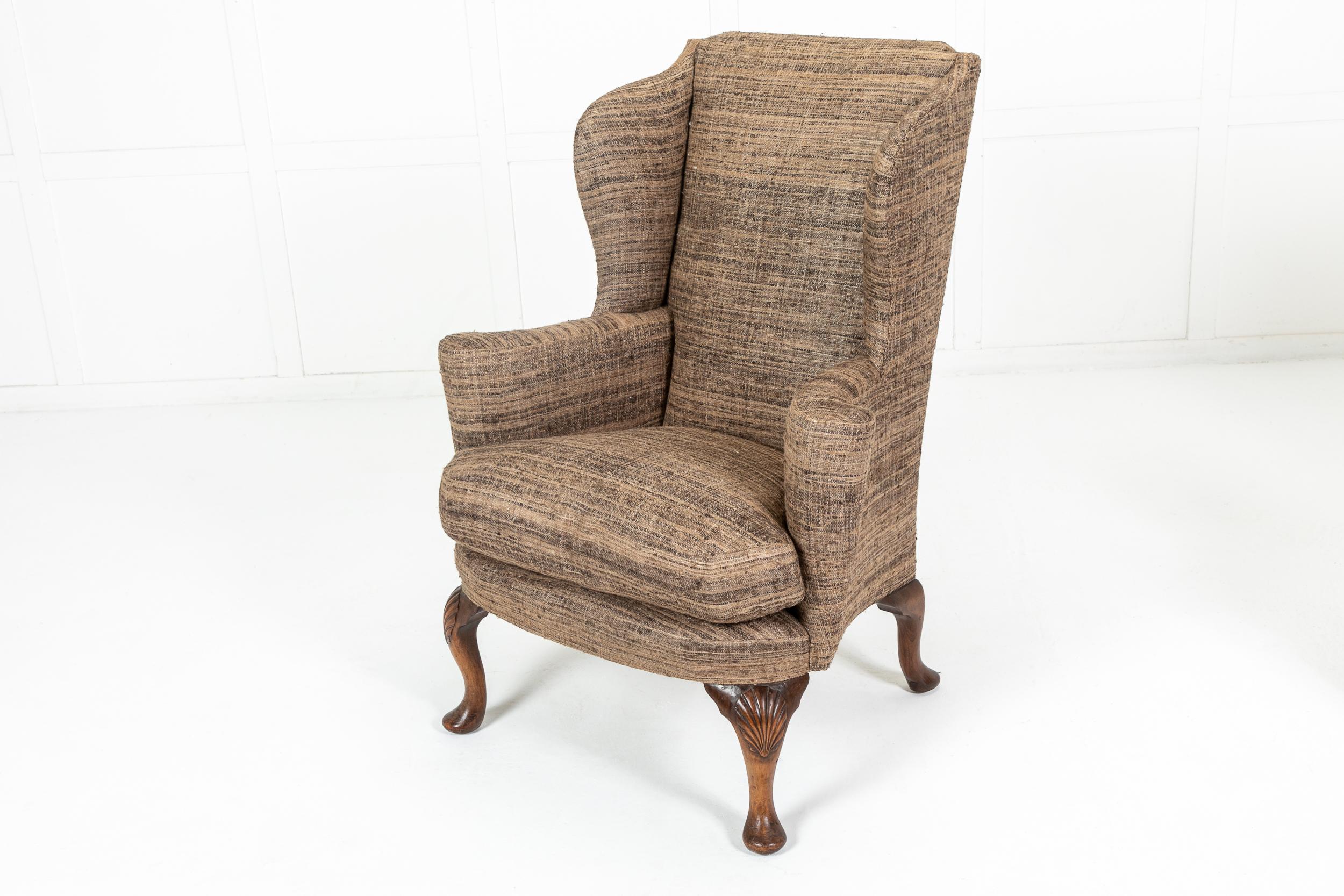 Upholstery Pair of 20th Century Walnut Wing Armchairs For Sale