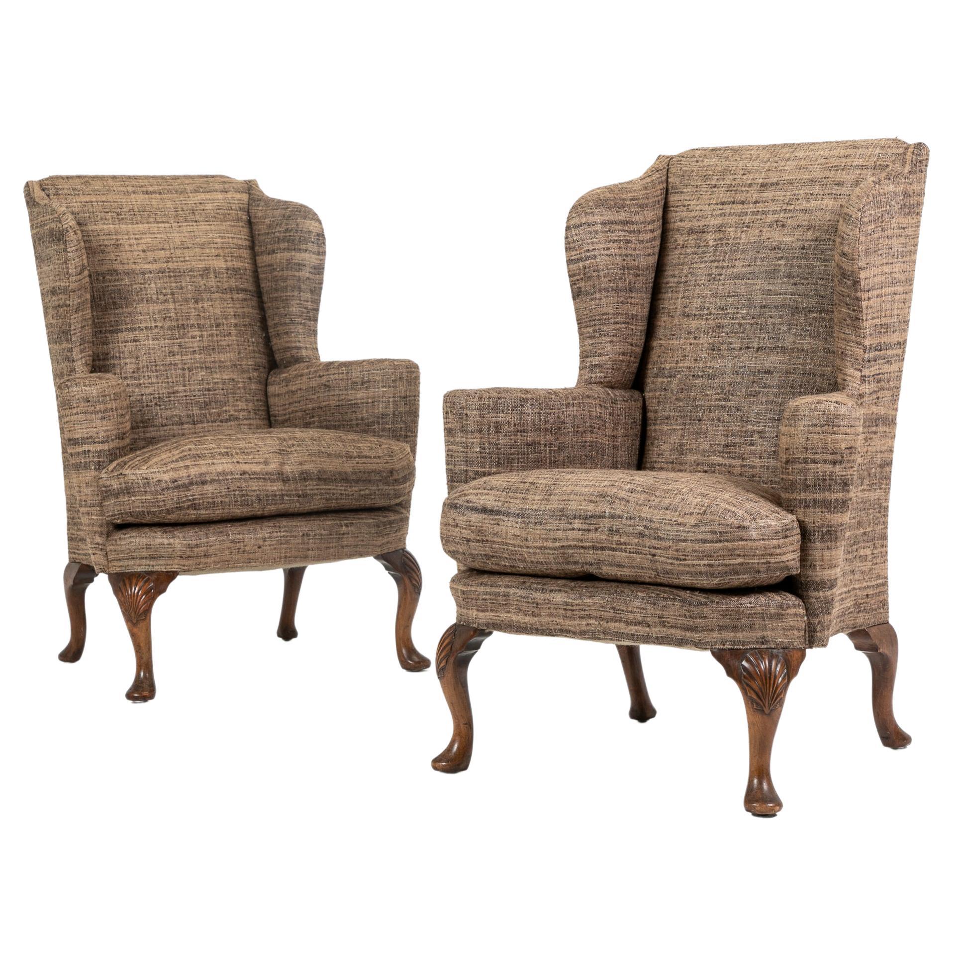 Pair of 20th Century Walnut Wing Armchairs For Sale