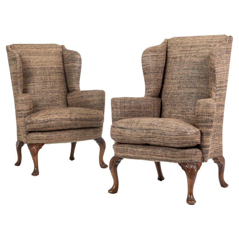 Pair of 20th Century Walnut Wing Armchairs For Sale at 1stDibs