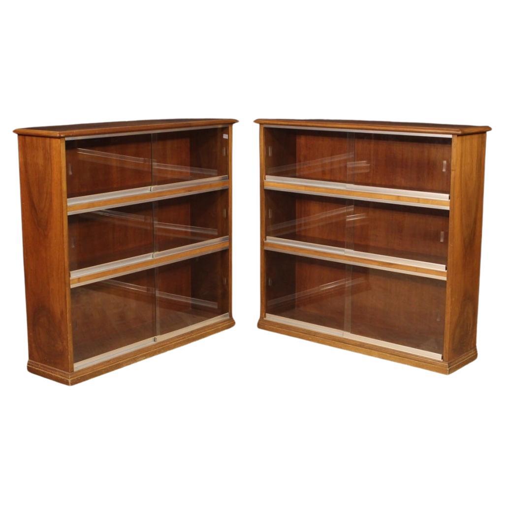 Pair of 20th Century Walnut Wood and Glass Doors Italian Design Bookcases, 1960