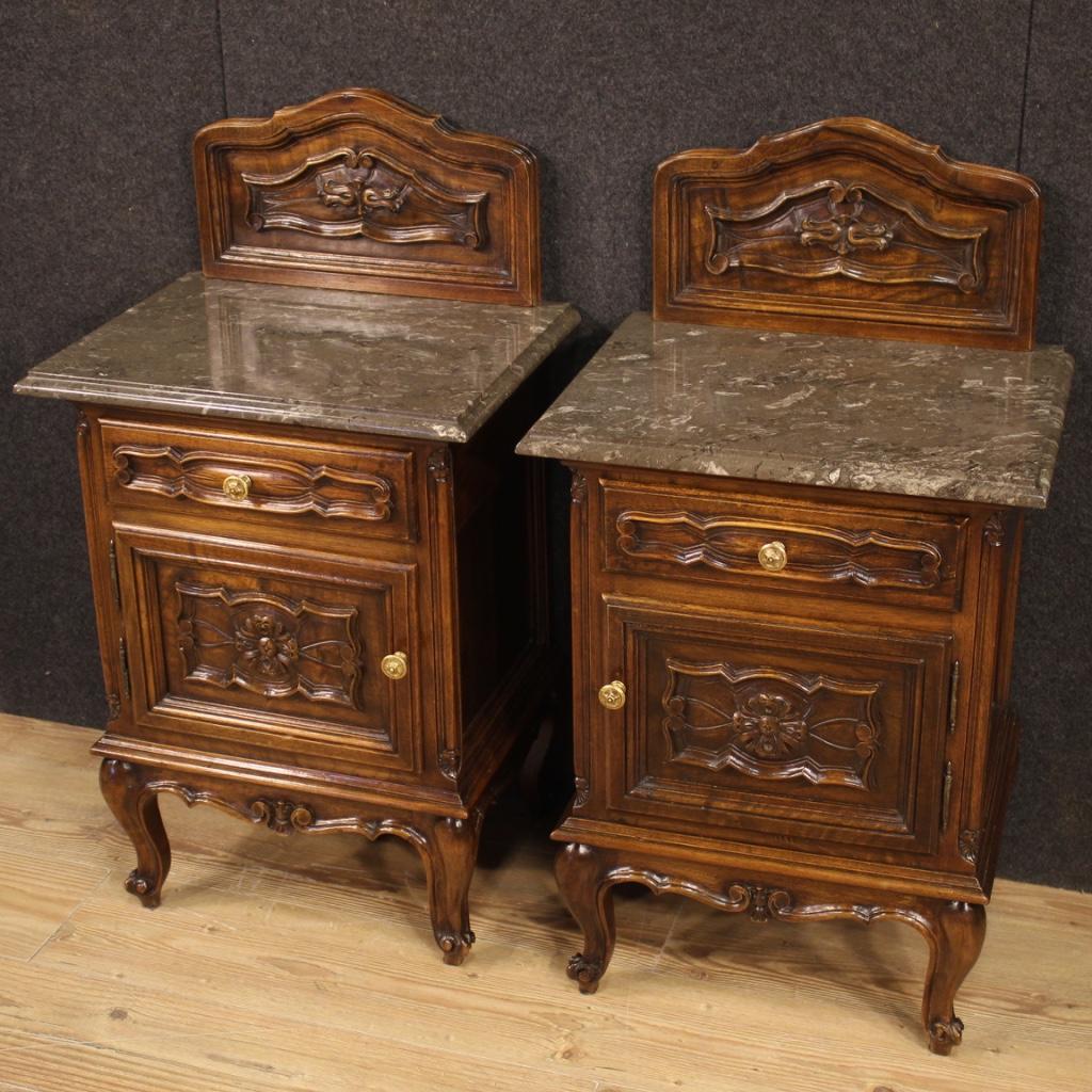 Pair of 20th Century Walnut Wood and Marble-Top Italian Nightstands, 1950 In Good Condition In Vicoforte, Piedmont