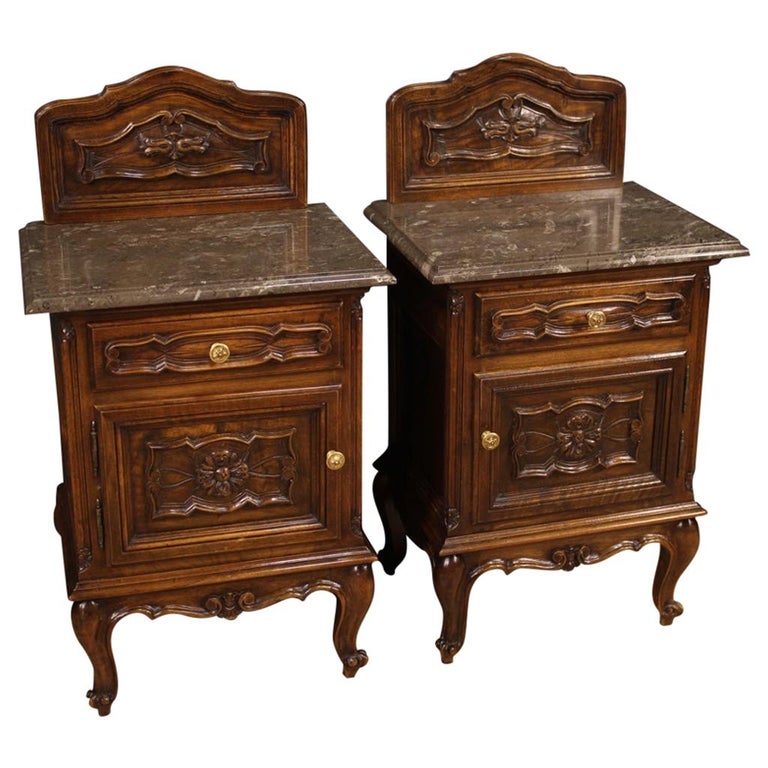 Pair Of 20th Century Walnut Wood And Marble Top Italian Nightstands 1950 At 1stdibs