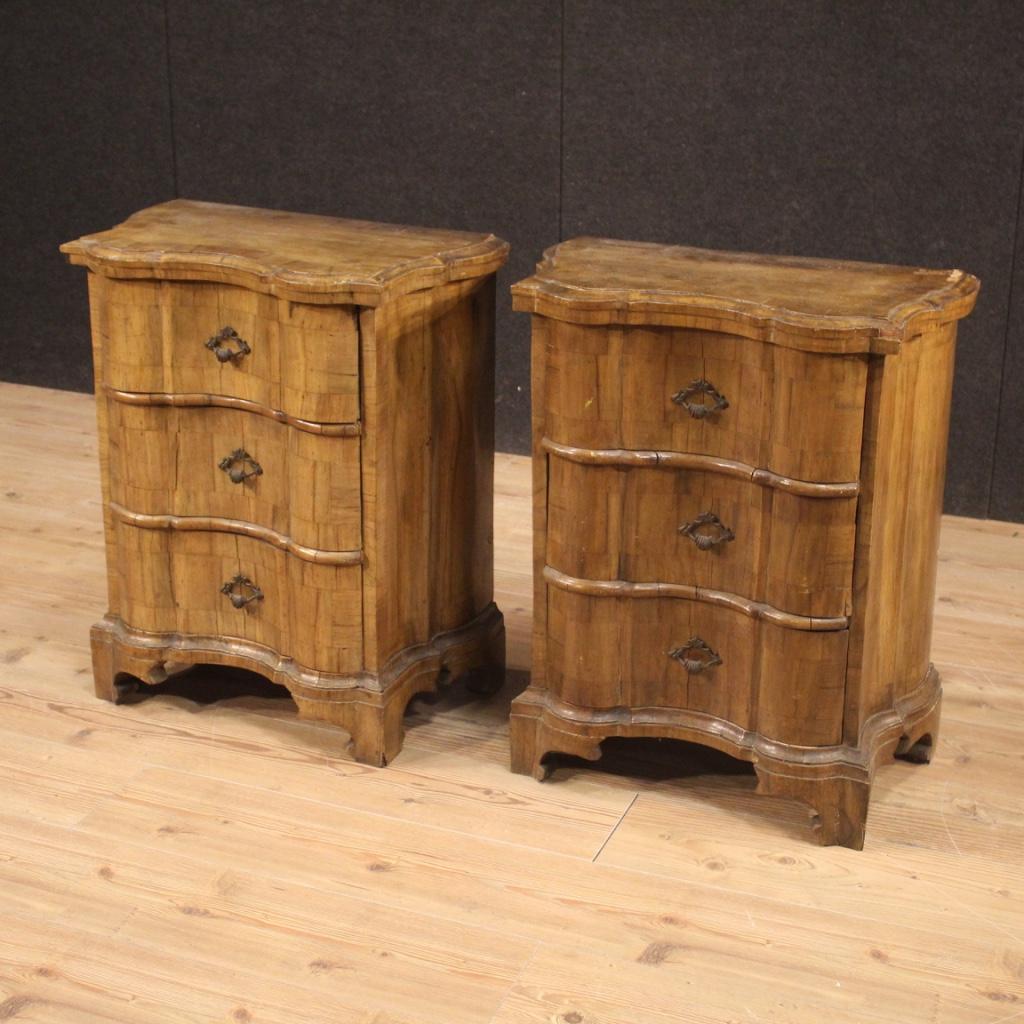 Pair of Venetian furniture from the 20th century. Furniture, carved and veneered in walnut. Night stands with three good capacity front drawers. Wooden top in character. Beautiful decor furniture ideal to be placed in a bedroom or living room. They