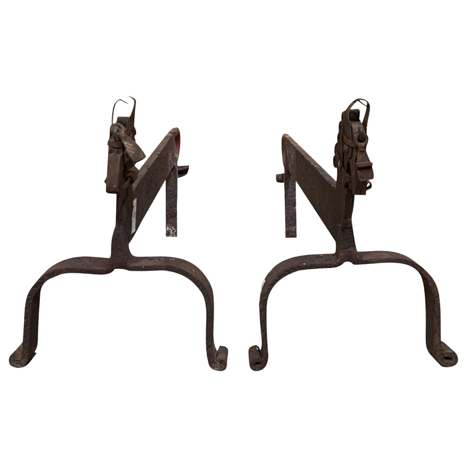 Pair of 20th Century Whimsical Primitive Horse Andirons For Sale