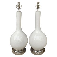 Pair of 20th Century White Crackle-Glazed Porcelain Lamps on Silver Bases