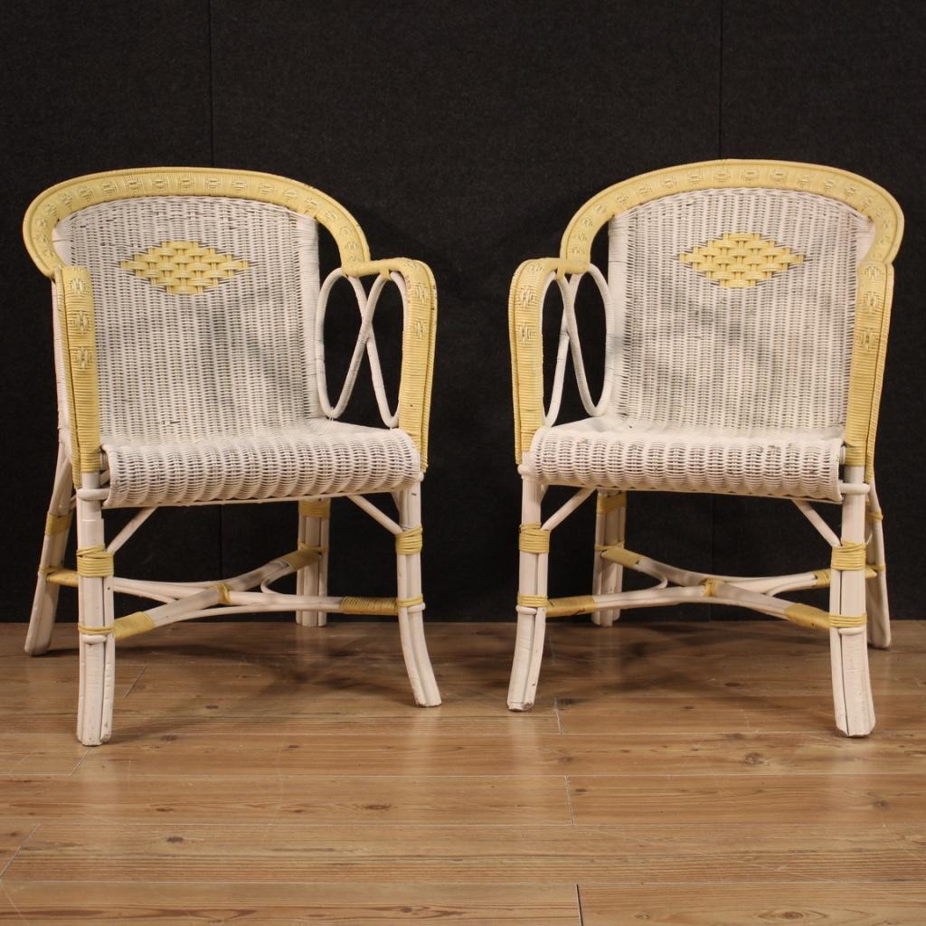 Pair of Italian armchairs from 1980s. Beautifully designed wicker furniture of pleasant decor. Armchairs ideal to be placed in a garden or under a porch but also usable inside the house. Furniture that is part of a set with a sofa (see photo and ask