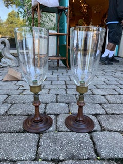 Pair of 20th Century Wood and Brass Candlesticks with Hurricanes