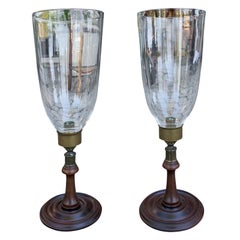 Pair of 20th Century Wood and Brass Candlesticks with Hurricanes