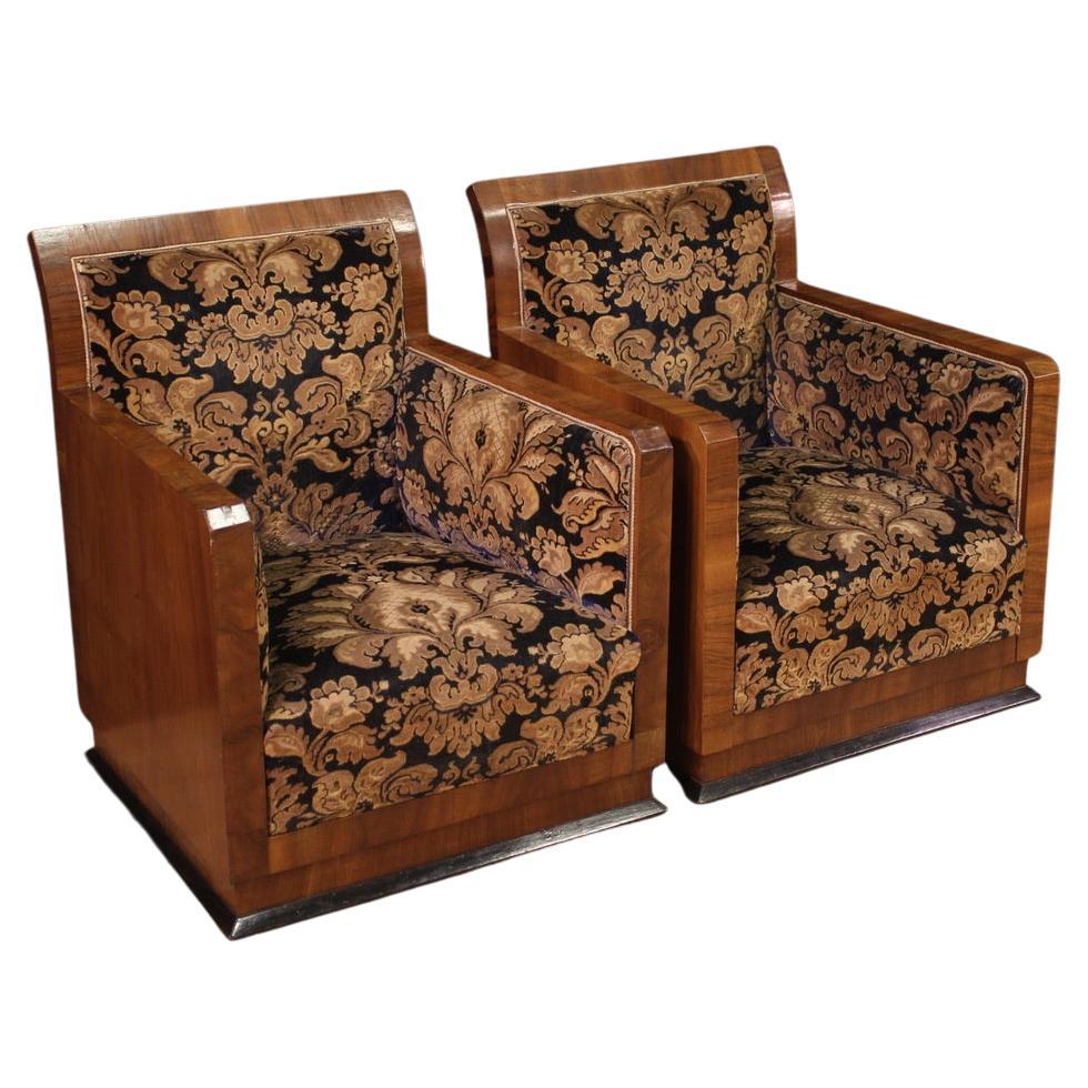 Pair of 20th Century Wood and Fabric Art Deco Italian Armchairs, 1930