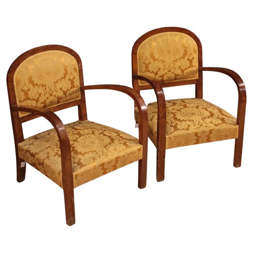 Pair of 20th Century Wood and Fabric Italian Art Deco Style Armchairs, 1950 For Sale