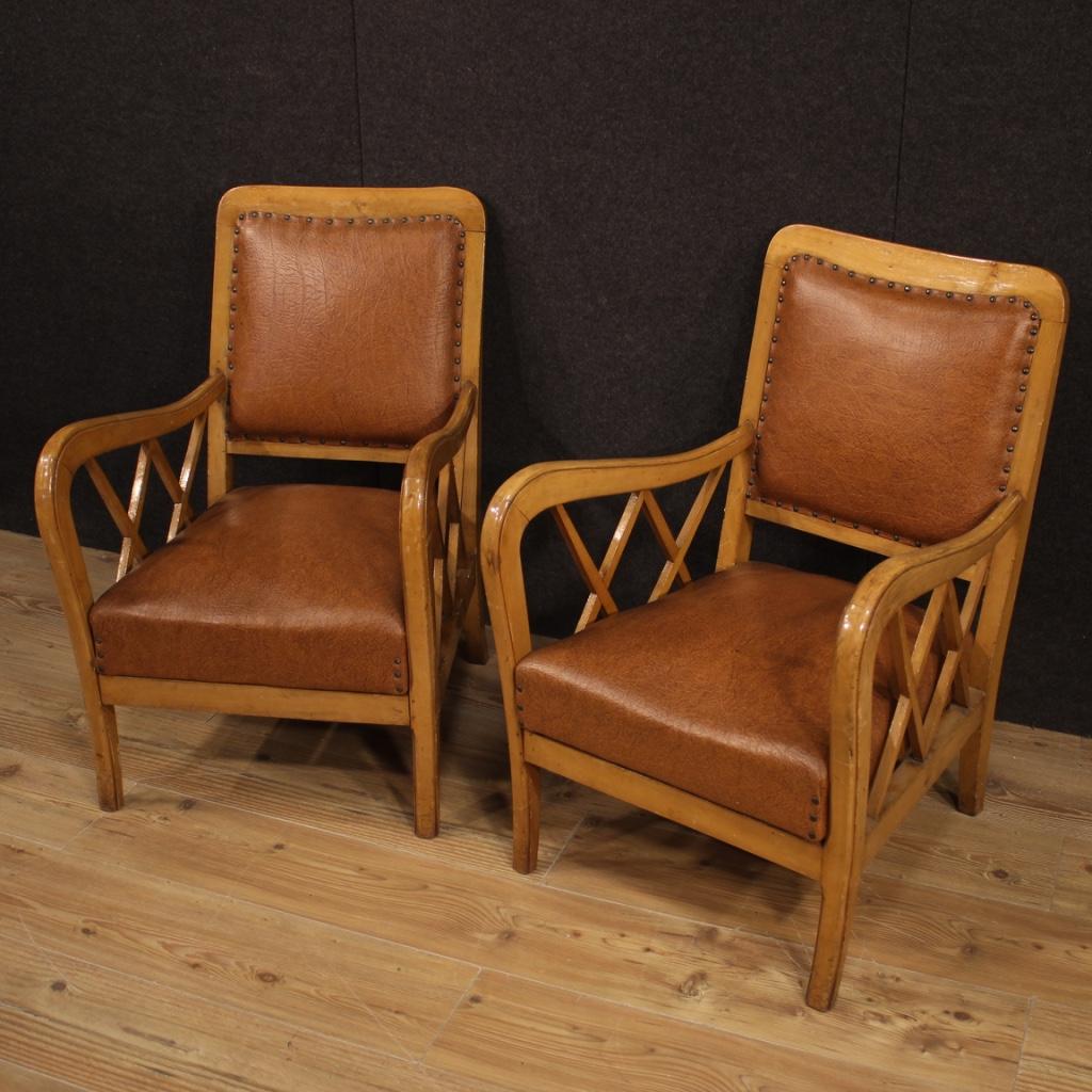 Pair of 20th Century Wood and Faux Leather Italian Design Armchairs, 1960 In Fair Condition For Sale In Vicoforte, Piedmont