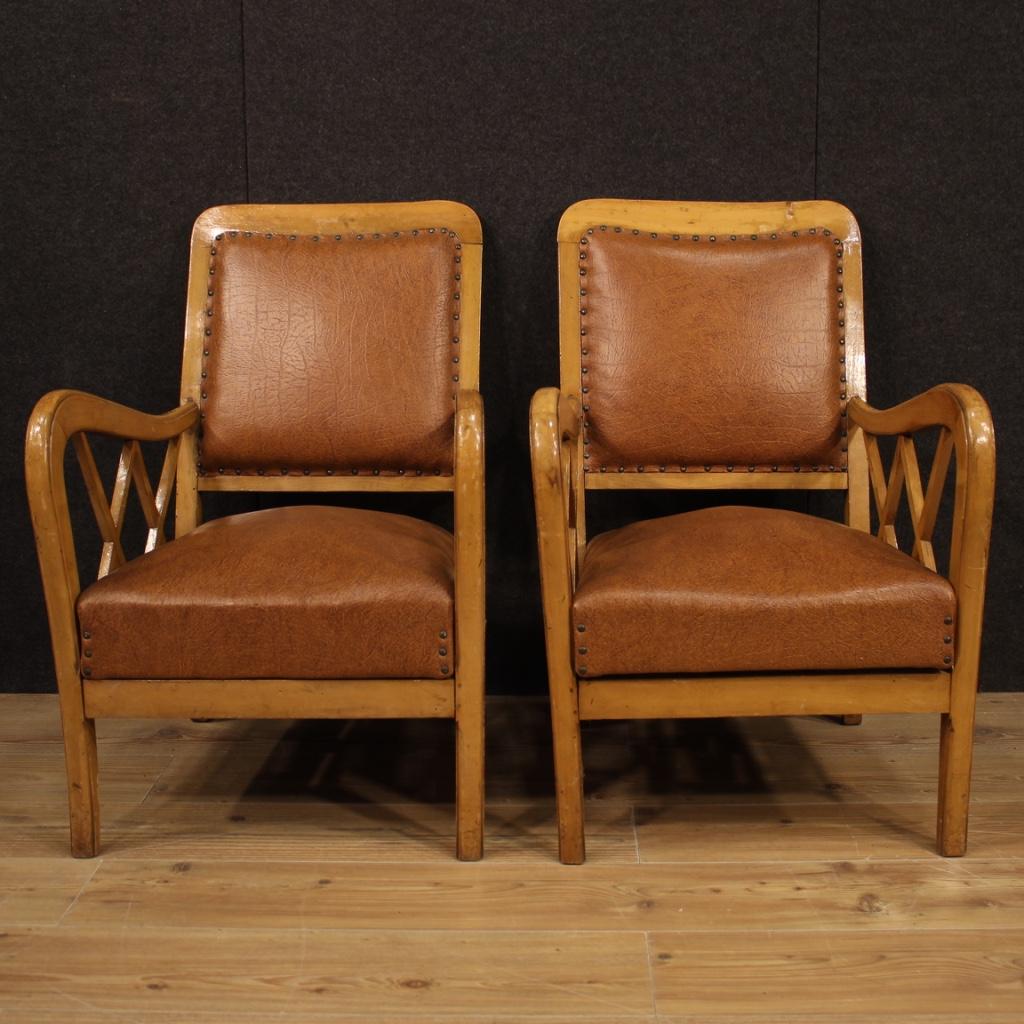 Pair of 20th Century Wood and Faux Leather Italian Design Armchairs, 1960 For Sale 1