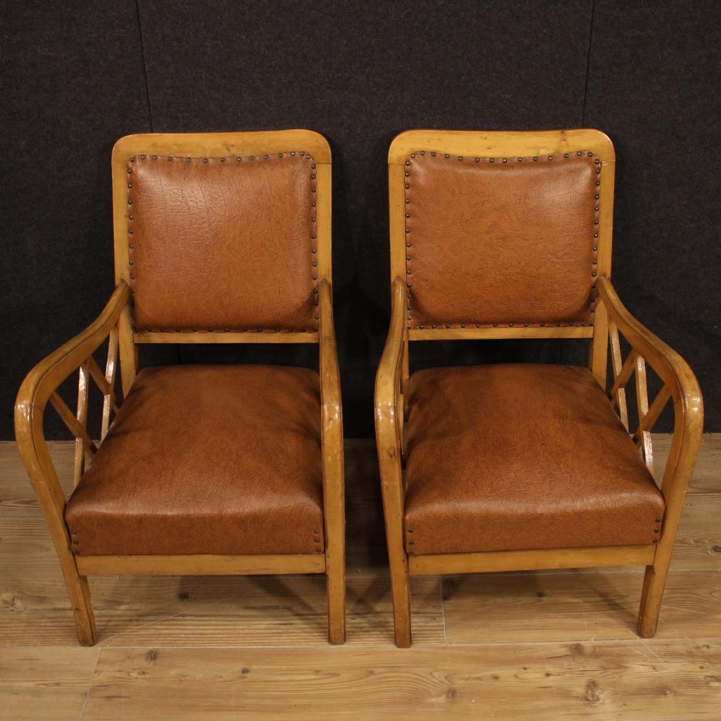 Pair of 20th Century Wood and Faux Leather Italian Design Armchairs, 1960 For Sale 2