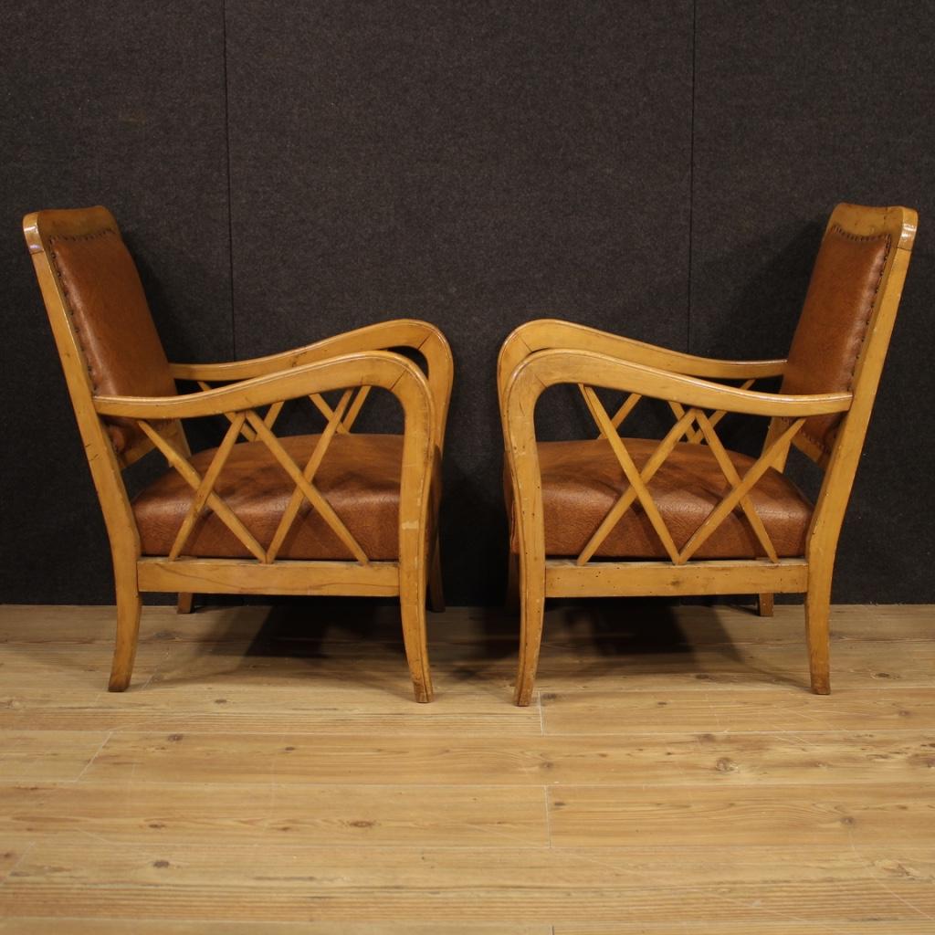 Pair of 20th Century Wood and Faux Leather Italian Design Armchairs, 1960 For Sale 3