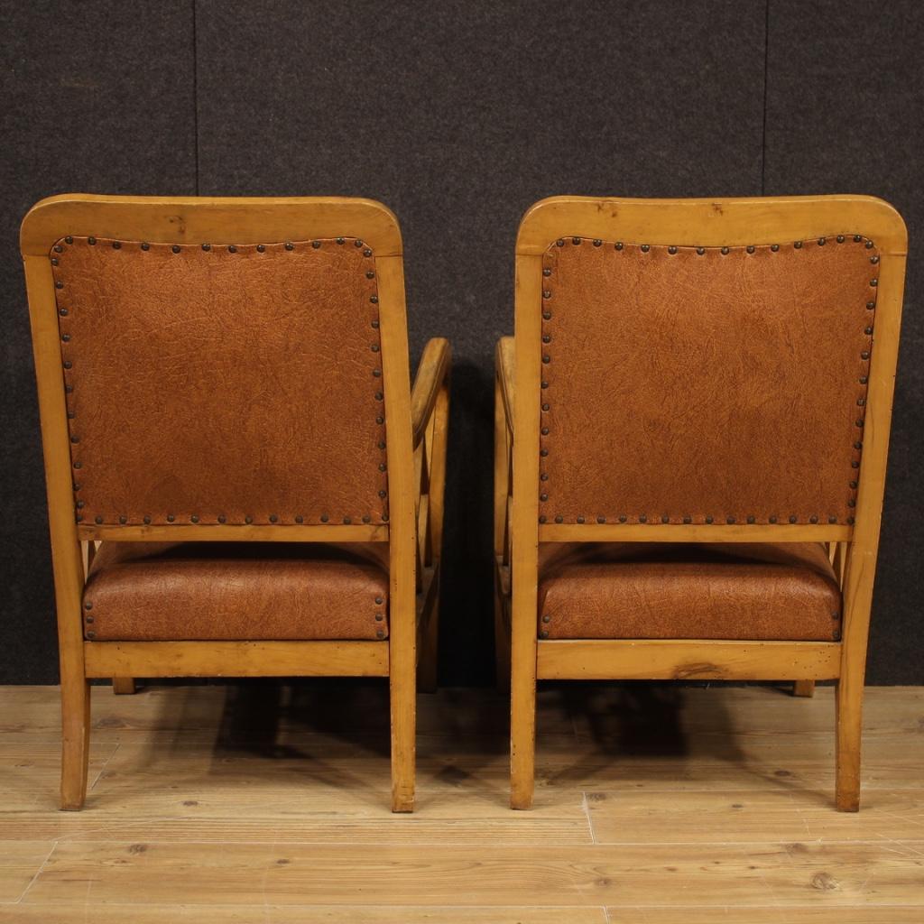 Pair of 20th Century Wood and Faux Leather Italian Design Armchairs, 1960 For Sale 4
