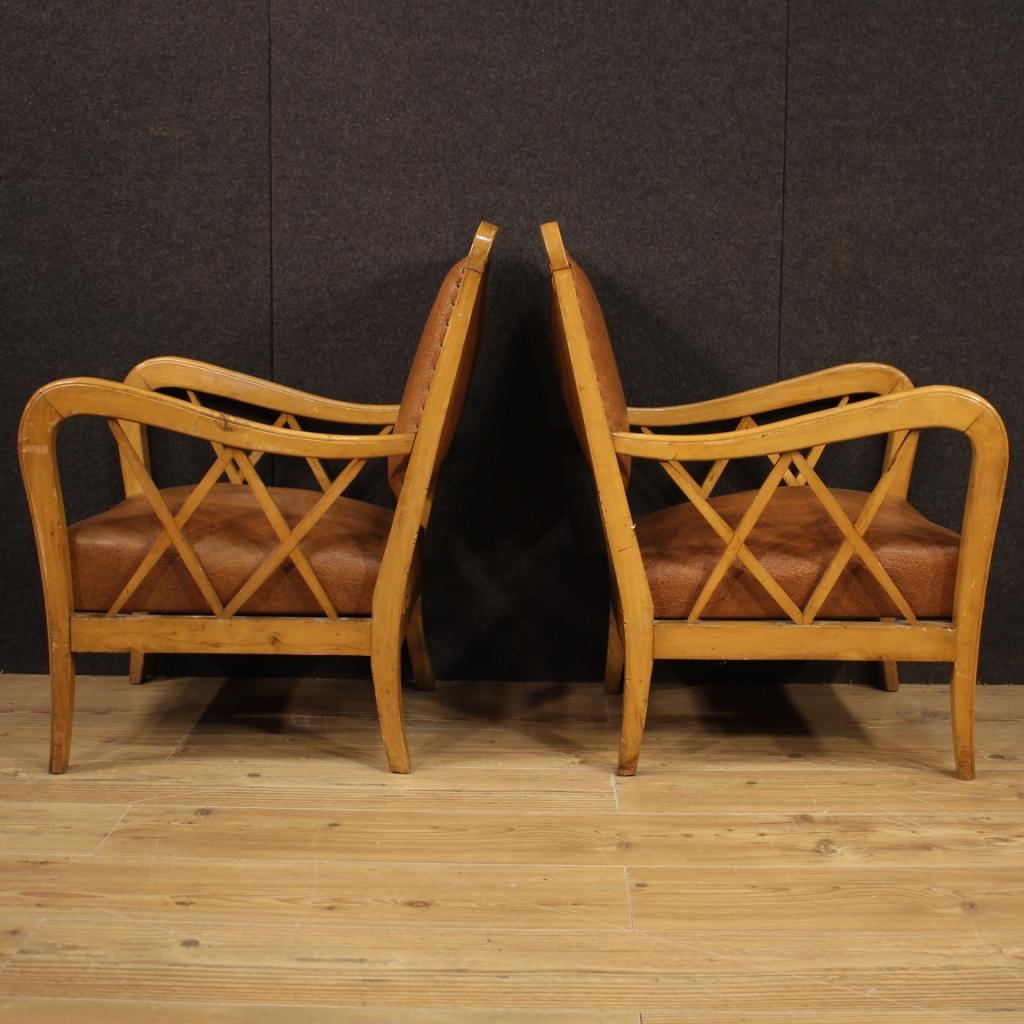 Pair of 20th Century Wood and Faux Leather Italian Design Armchairs, 1960 For Sale 5
