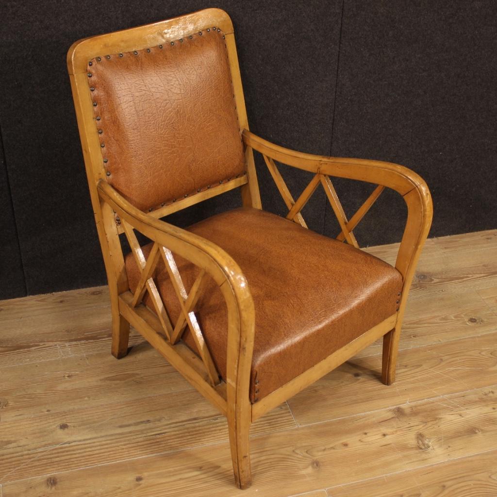 Pair of 20th Century Wood and Faux Leather Italian Design Armchairs, 1960 For Sale 6