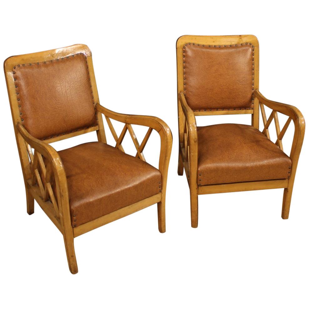Pair of 20th Century Wood and Faux Leather Italian Design Armchairs, 1960