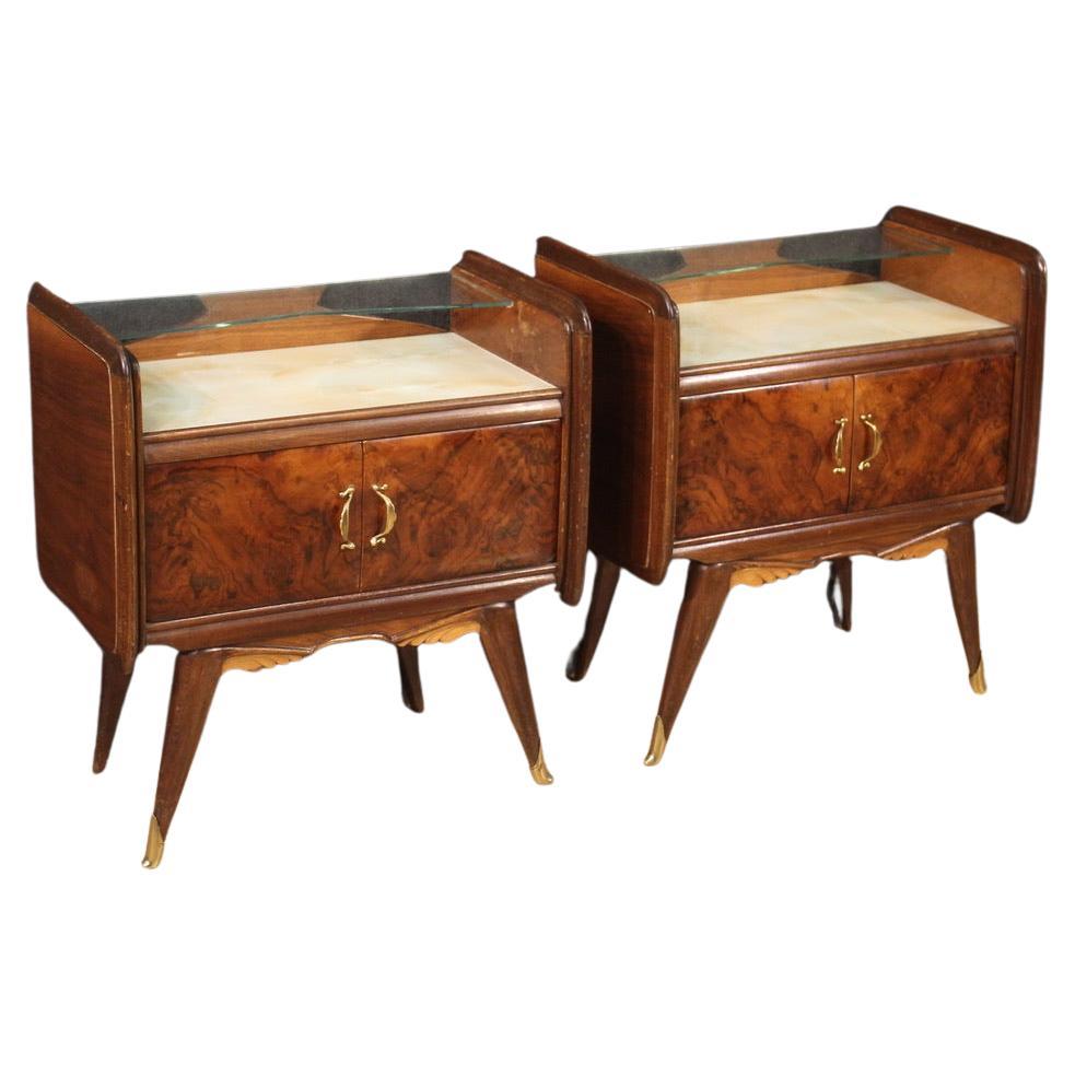 Pair of 20th Century Wood and Glass Modern Design Italian Bedside Tables, 1950s For Sale