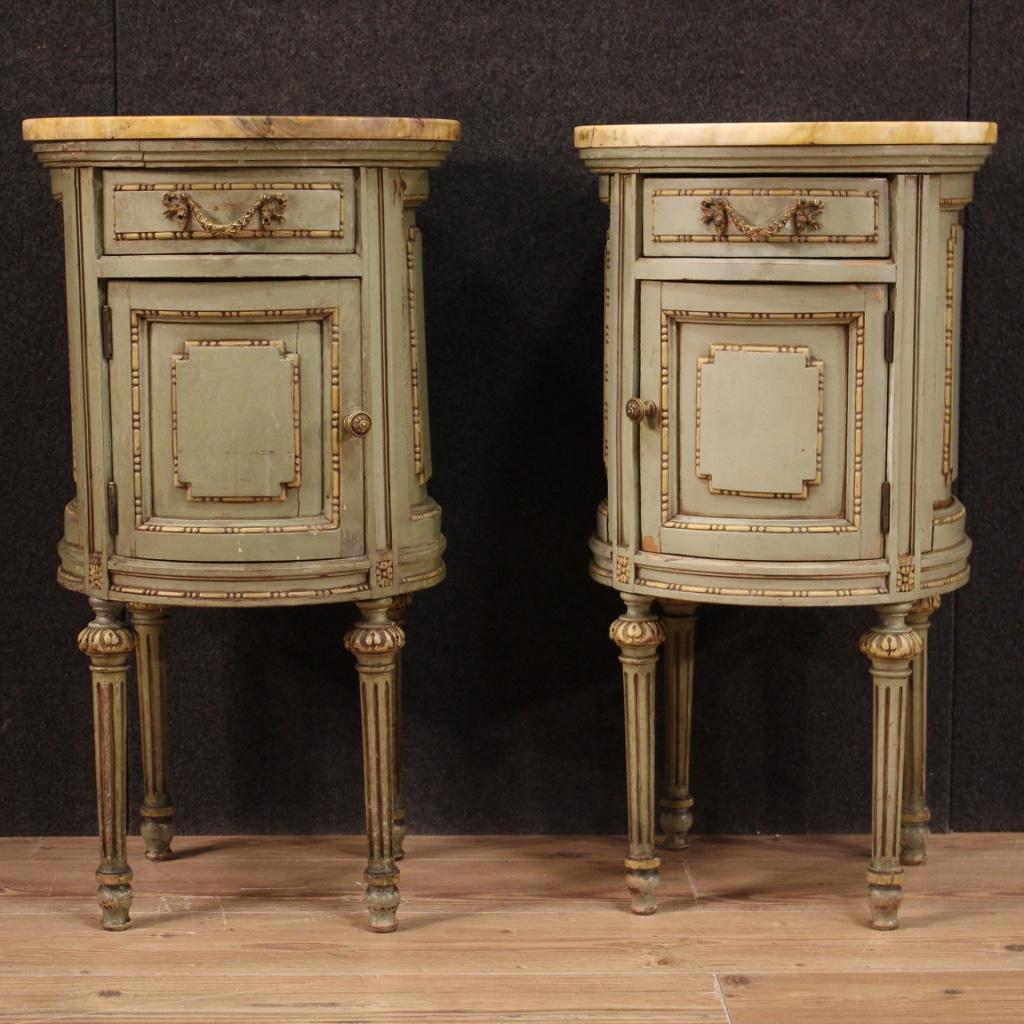 Lacquered Pair of 20th Century Wood and Marble Louis XVI Style Italian Nightstands, 1950