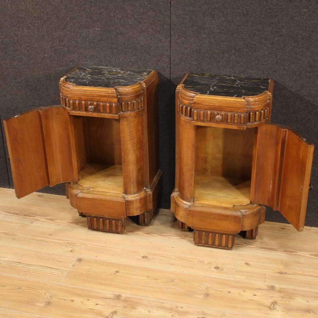 Pair of 20th Century Wood and Marble Top Art Deco Italian Bedside Tables, 1930 In Good Condition In Vicoforte, Piedmont