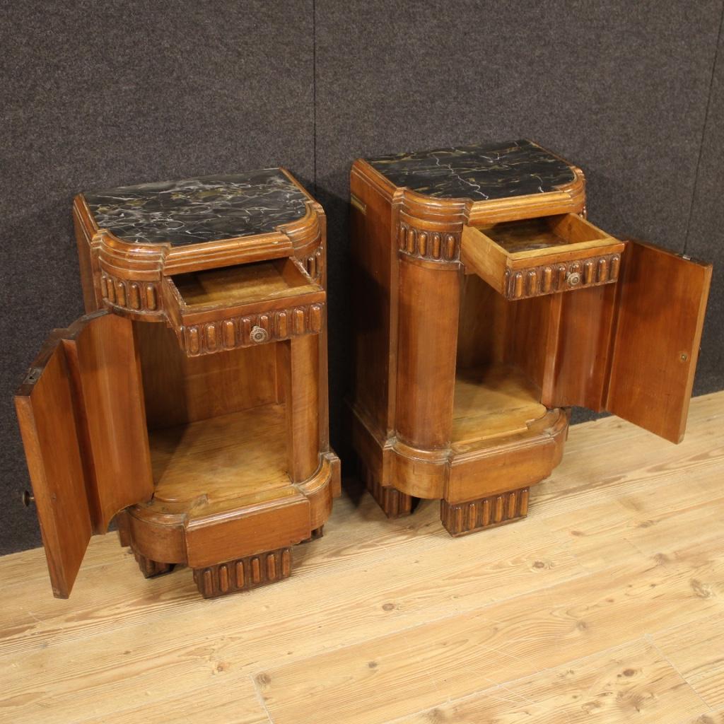 Pair of 20th Century Wood and Marble Top Art Deco Italian Bedside Tables, 1930 1