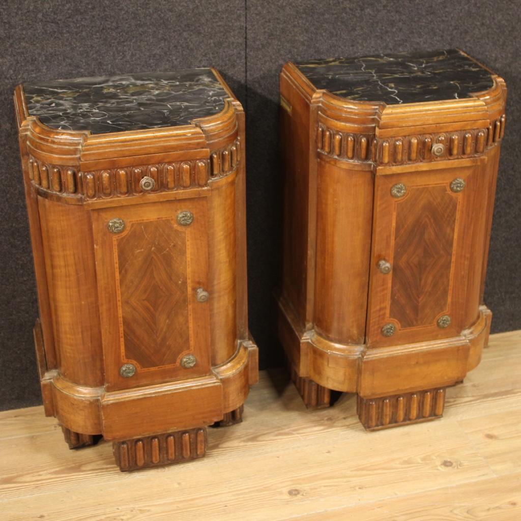 Pair of 20th Century Wood and Marble Top Art Deco Italian Bedside Tables, 1930 2