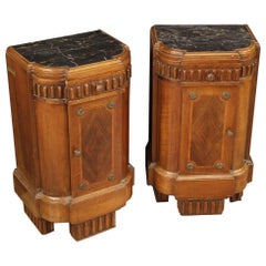Pair of 20th Century Wood and Marble Top Art Deco Italian Bedside Tables, 1930