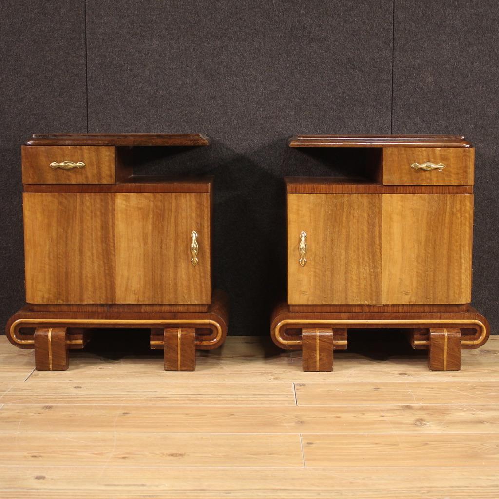 Mid-20th Century Pair of 20th Century Wood Art Deco Style Italian Bedside Tables, 1950s