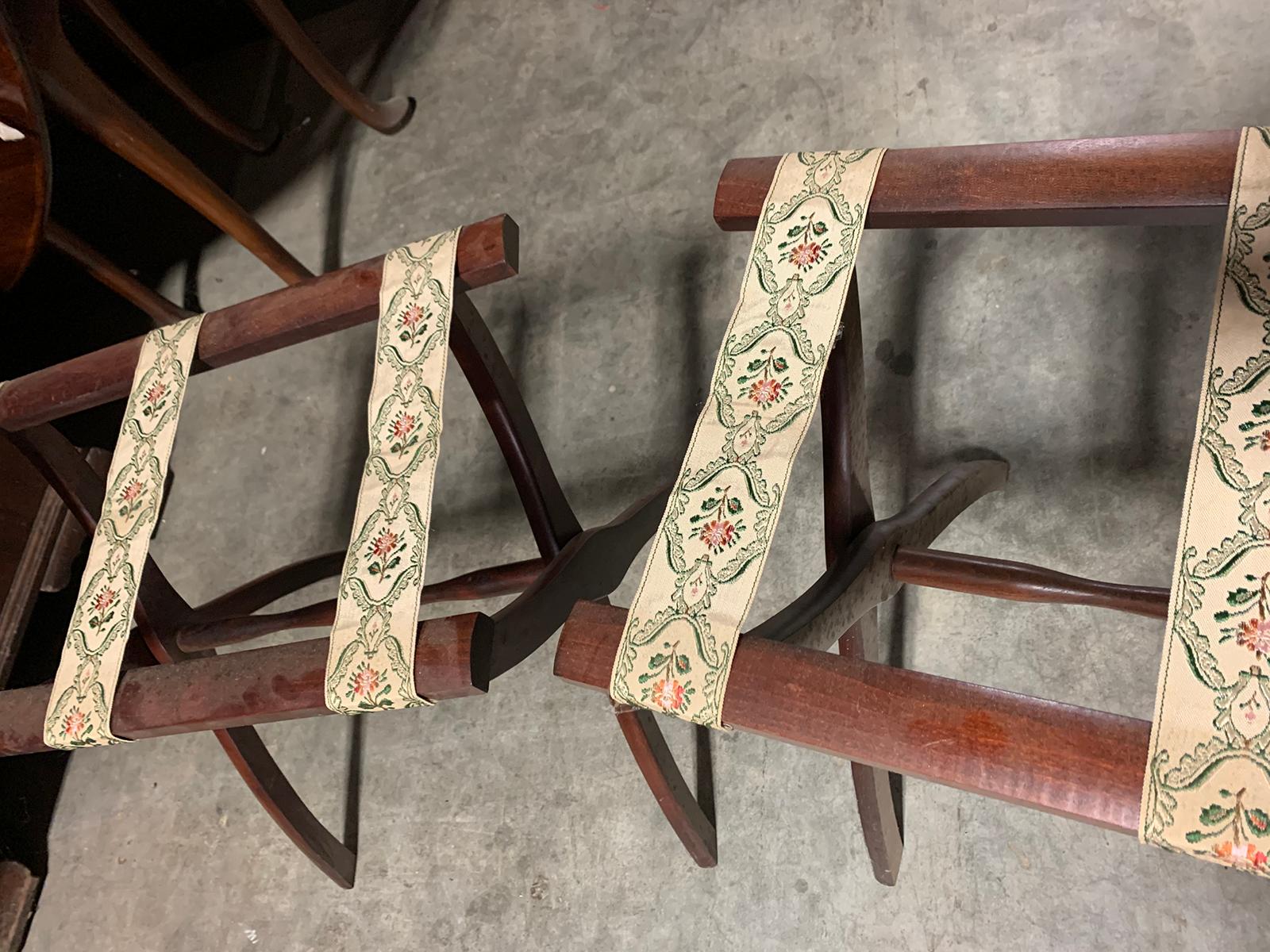 Pair of 20th Century Wood Folding Luggage Racks, Green Floral Fabric For Sale 9