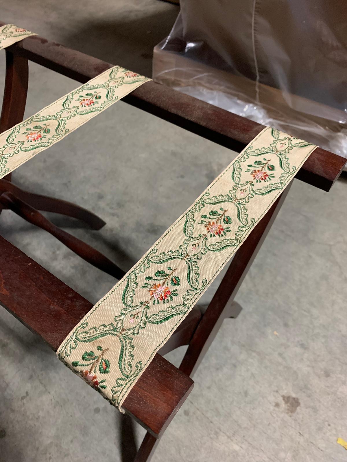 Pair of 20th Century Wood Folding Luggage Racks, Green Floral Fabric For Sale 1