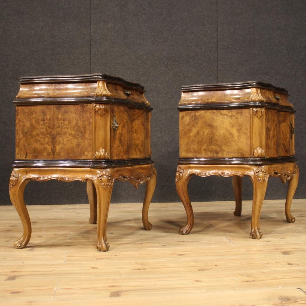 Italian bedside tables from the mid-twentieth century. Furniture of beautiful line and pleasant decor carved in walnut, burl, ebonized wood, beech and fruitwood. Bedside tables equipped with a drawer and a door of good capacity. Wooden top of good