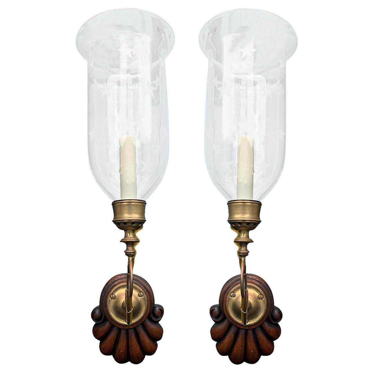 Pair of 20th Century Wood Shell Back Sconces with Etched Glass Hurricanes
