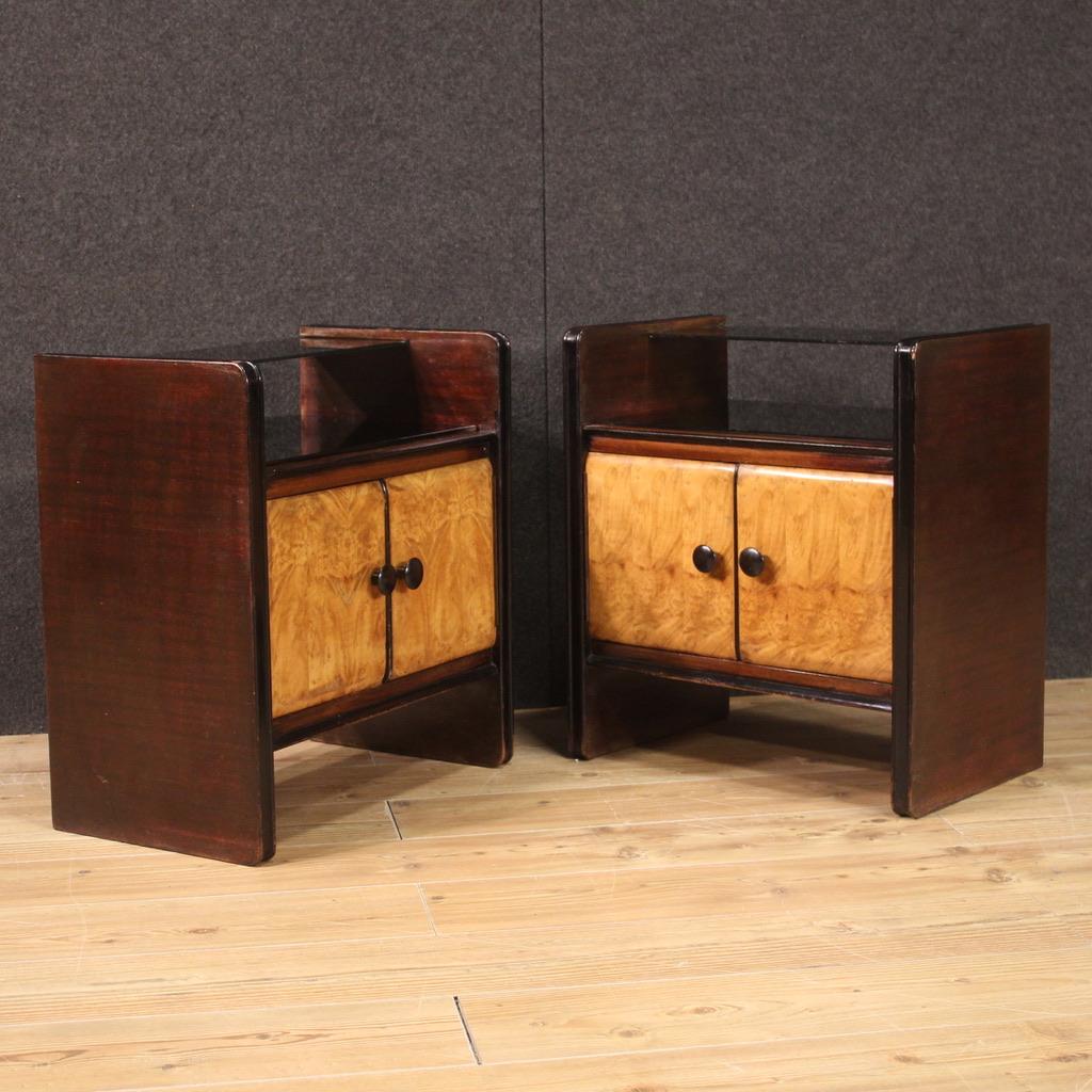 Pair of 20th Century Wood with Glass Top French Art Deco Style Bedside Tables In Good Condition For Sale In Vicoforte, Piedmont