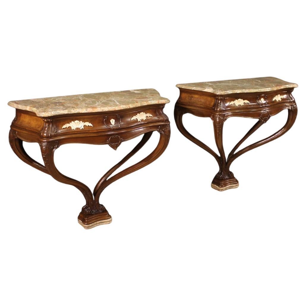 Pair of Louis XV Style Wood Console Tables with Marble Tops, 20th ...