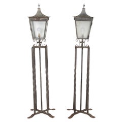 Pair of 20th Century Wrought Iron and Steel Column Lanterns