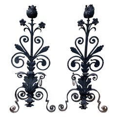 Pair of 20th Century Wrought Iron Andirons with Floral Motif