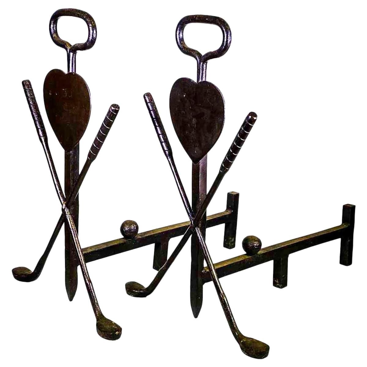 Pair of 20th Century Wrought Iron Folk Art Golf Andirons