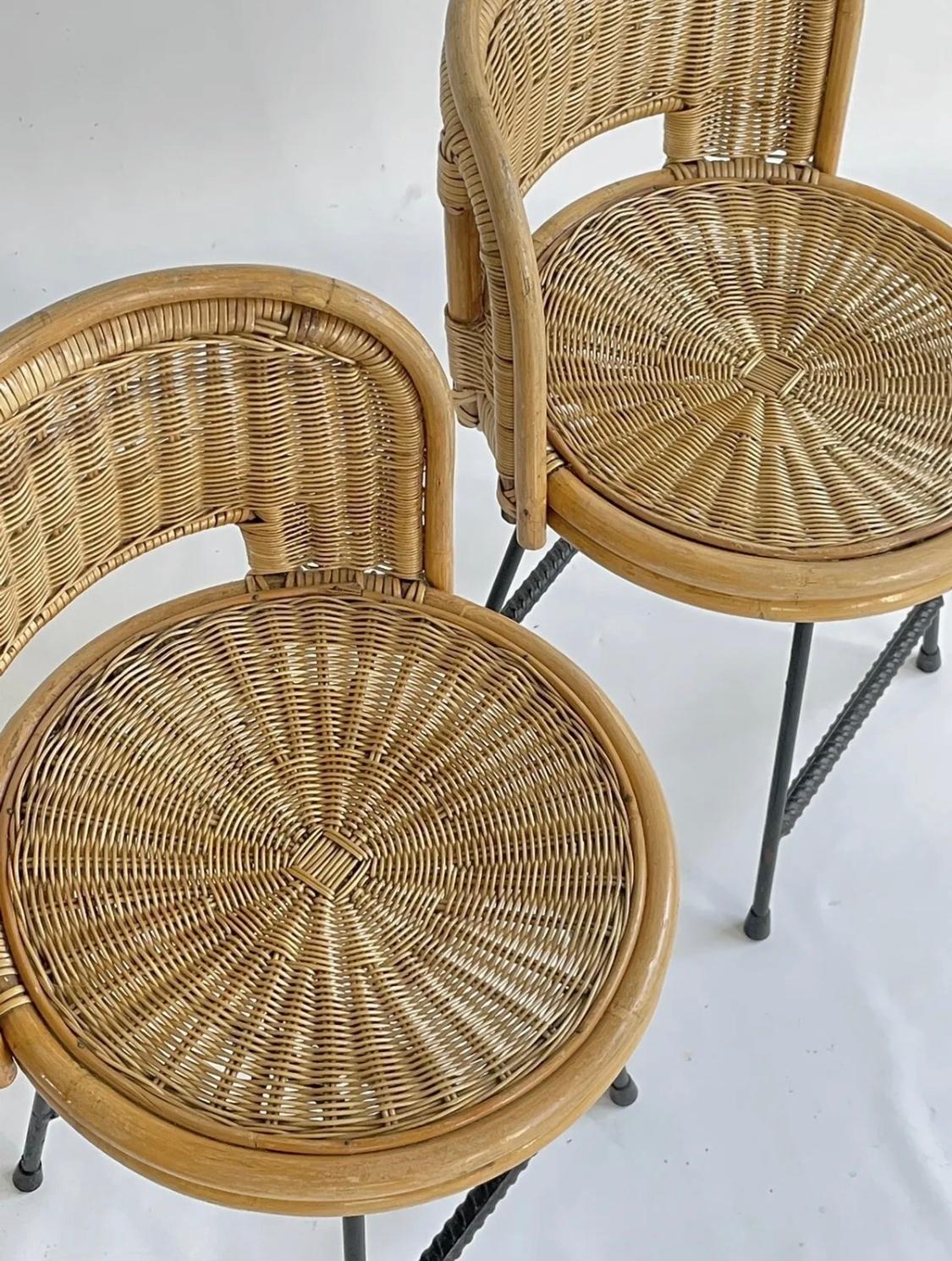 Bohemian Pair of Mid Century Franco Albini Style Bamboo, Rattan and Iron Chairs For Sale