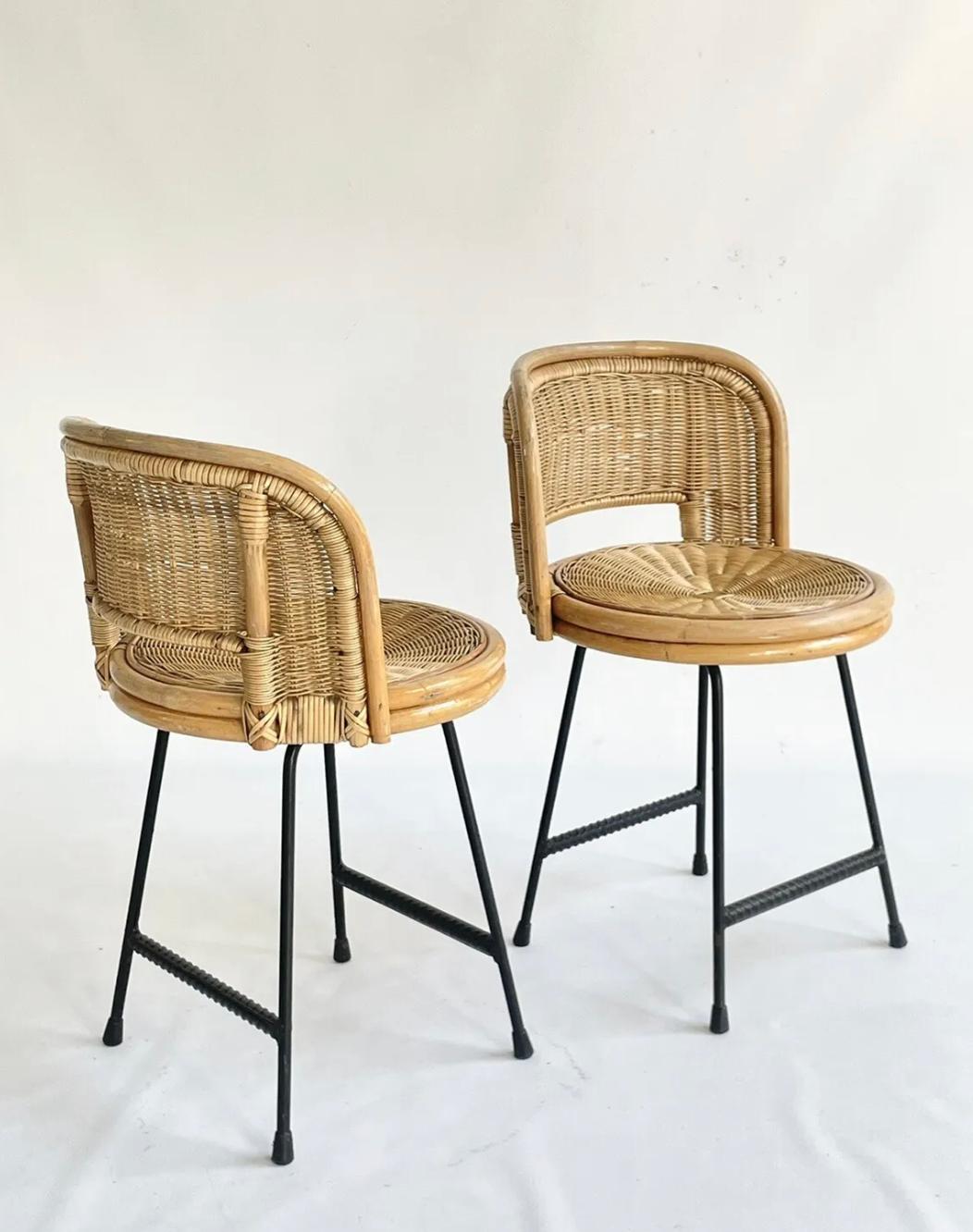 Woven Pair of Mid Century Franco Albini Style Bamboo, Rattan and Iron Chairs For Sale