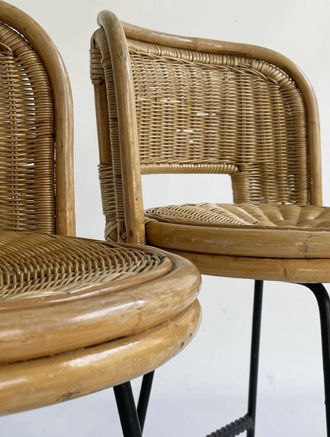 20th Century Pair of Mid Century Franco Albini Style Bamboo, Rattan and Iron Chairs For Sale