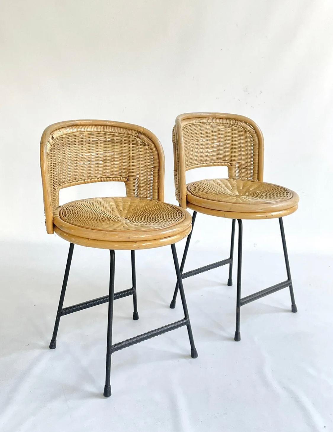 Pair of Mid Century Franco Albini Style Bamboo, Rattan and Iron Chairs For Sale 1