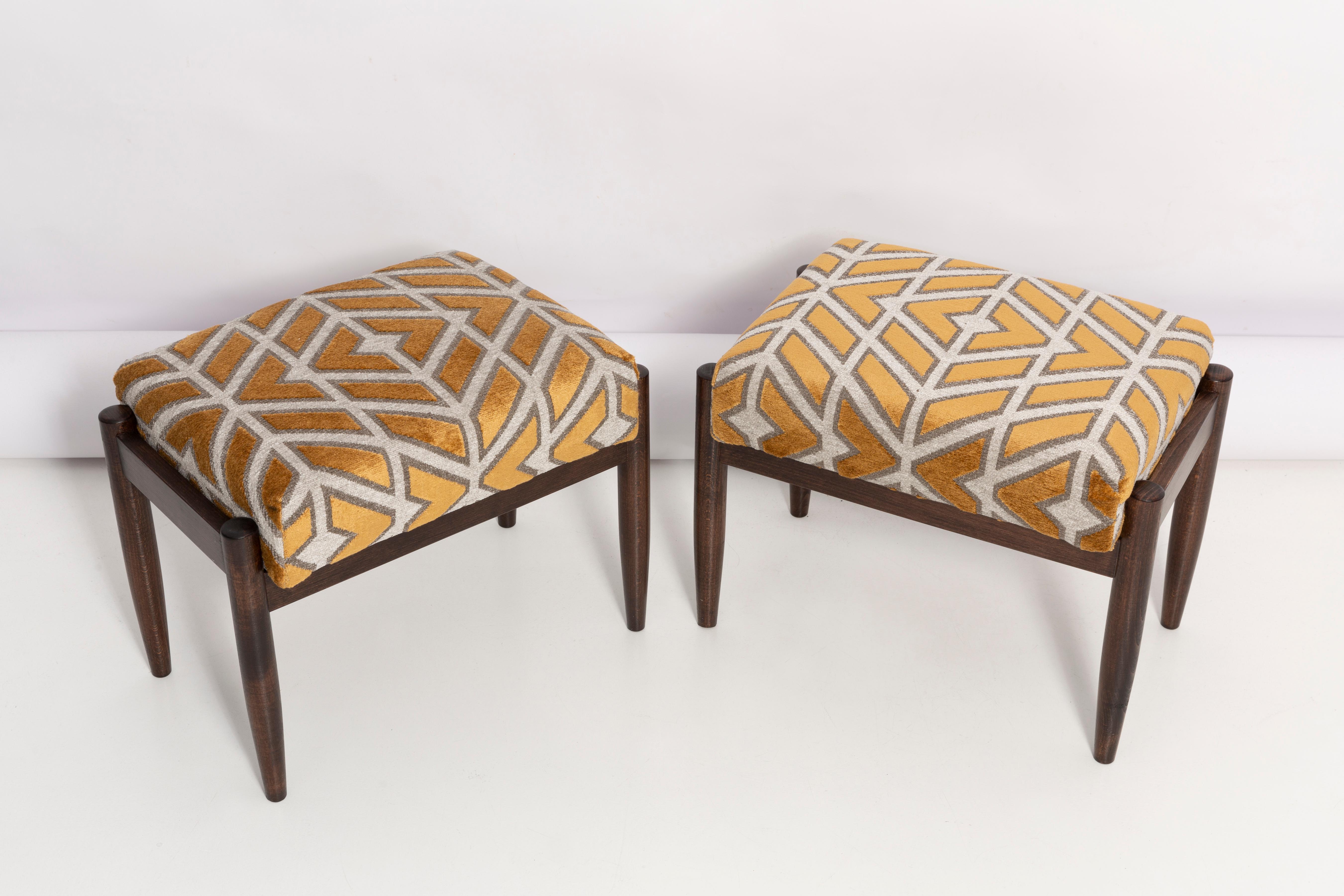 Hand-Crafted Pair of 20th Century Yellow Pattern Velvet Vintage Stools, Edmund Homa, 1960s For Sale